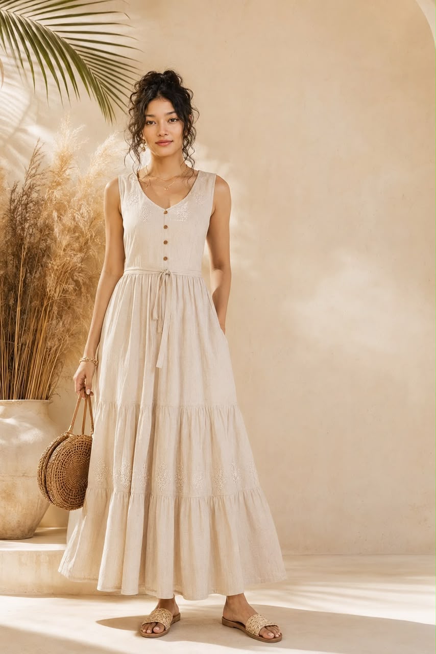 Cinched Linen Day Dress